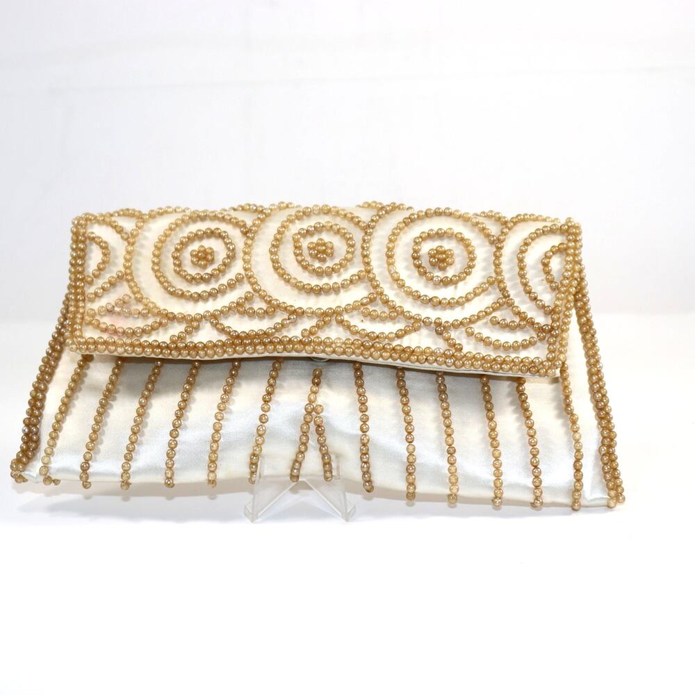 Vintage Made in Japan White‎ Satin Beaded Clutch Evening Bag
